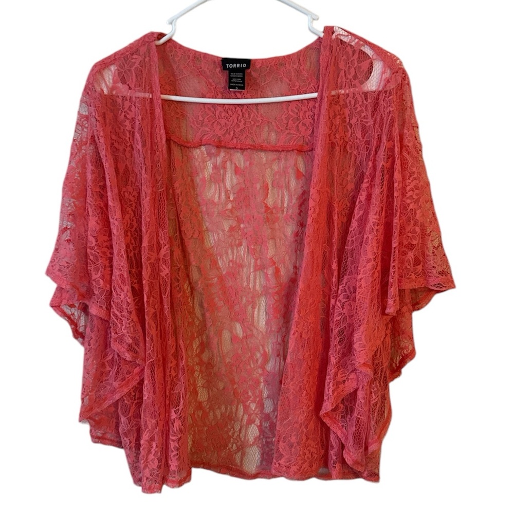 Torrid Size 2 Women’s Hot Pink Coral Spring Lace Floral Detail Cardigan Summer
